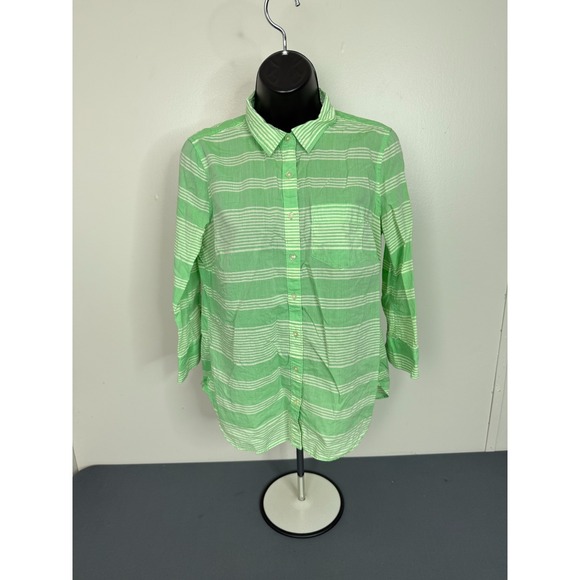 JCP Women's Button Down Long Sleeve Cotton Stripe Shirt Green Size Medium FLAW - Picture 2 of 6